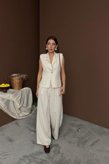 Bej Keten Yelek Pantolon Takım resmi
